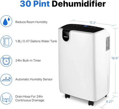 Yaufey 30 Pint Portable Dehumidifier, 4 Gallons/Day, Up To 1500 Sq Ft
