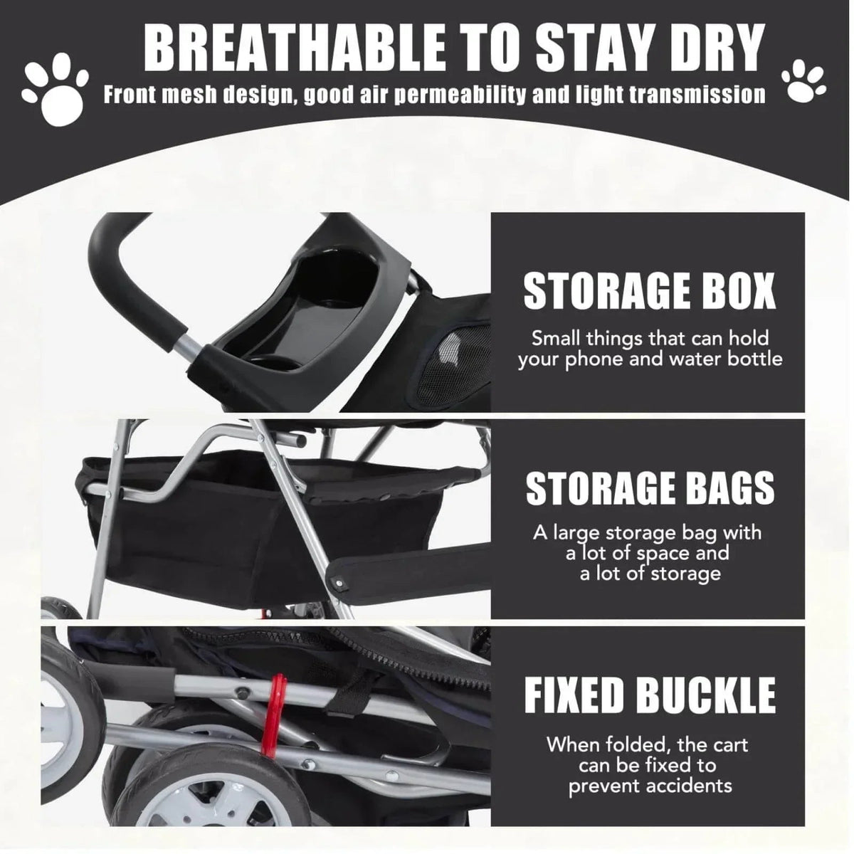 Foldable Dog And Cat Pet Stroller With Storage Basket, Removable Liner And 4 Wheels - Black