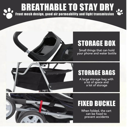 Foldable Dog And Cat Pet Stroller With Storage Basket, Removable Liner And 4 Wheels - Black