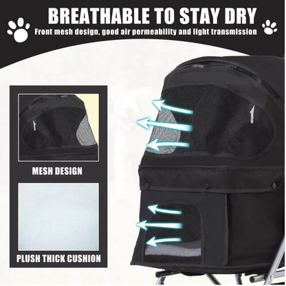 Foldable Dog And Cat Pet Stroller With Storage Basket, Removable Liner And 4 Wheels - Black