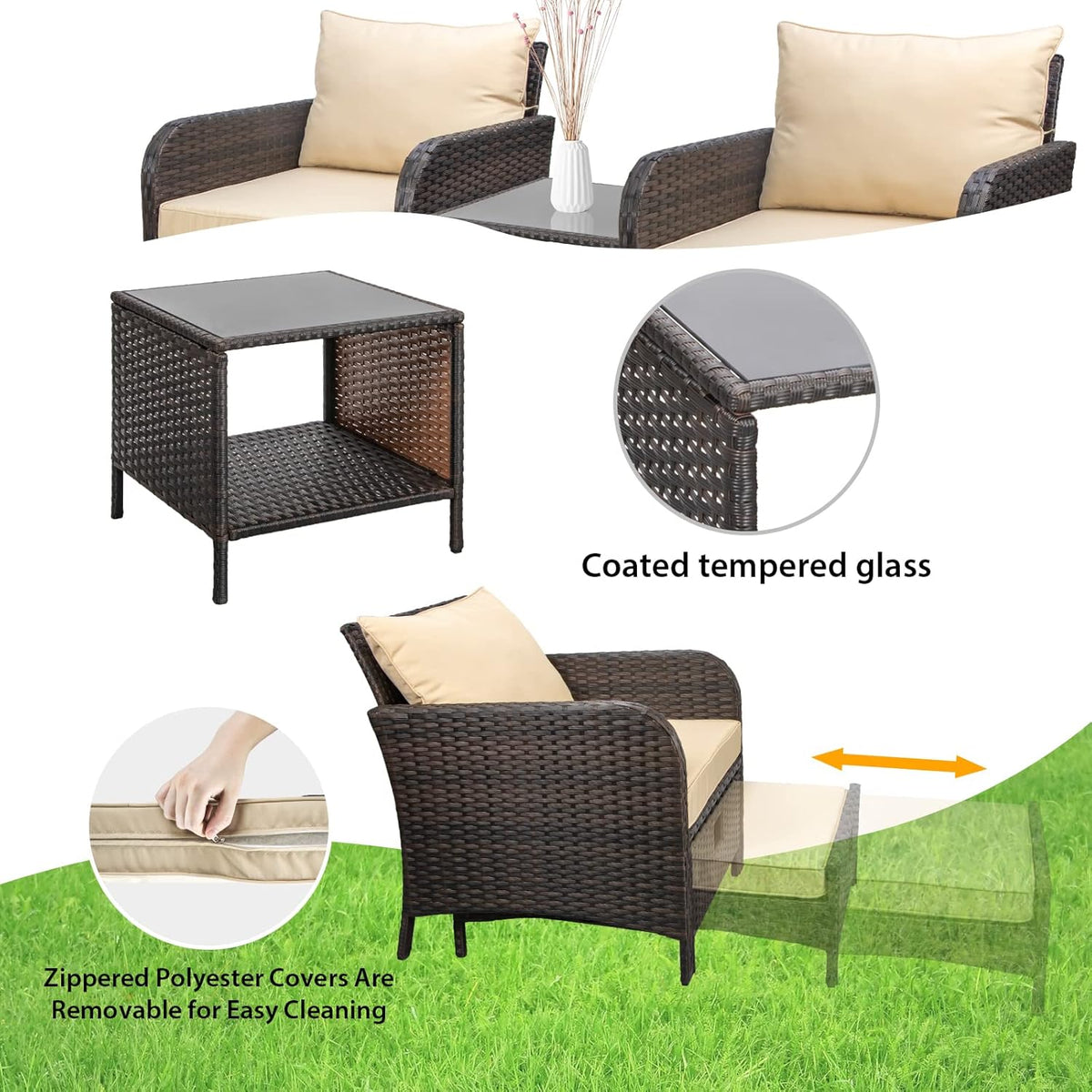 LEVELEVE 5 Piece Patio Conversation Set With PE Wicker Rattan, Cushions, 2 Ottomans And Glass Table