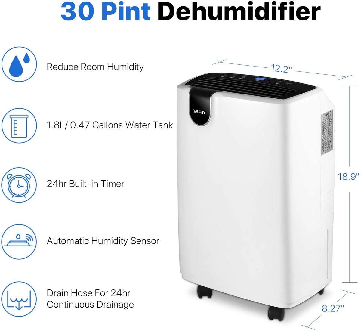 Yaufey 30 Pint Portable Dehumidifier, 4 Gallons/Day, Up To 1500 Sq Ft