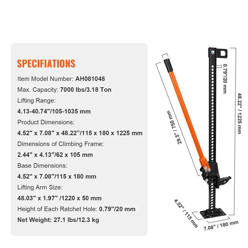 48 inch Off-Road Farm Jack Hoist, 7000 lbs - AH081048