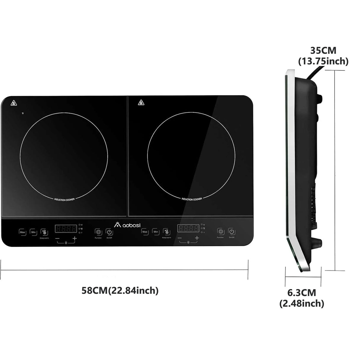 Aobosi Double Induction Cooktop With 2 Burners, 1800W, Black