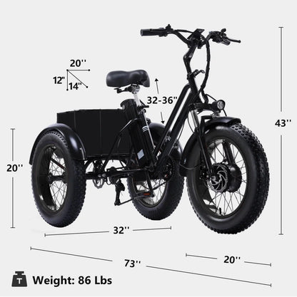 YEBEI Folding Electric Tricycle for Adults, 500W Motor, 48V15AH Lithium Battery, 20 x 4.0 in Fat Tires