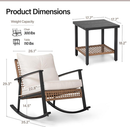 LAUSAINT HOME 3-Piece Rattan Rocking Bistro Set With 2-Tier Coffee Table, Beige