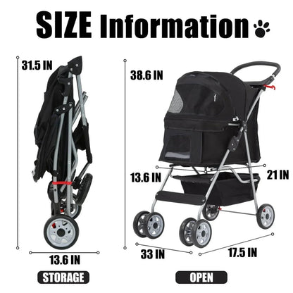 Foldable Dog And Cat Pet Stroller With Storage Basket, Removable Liner And 4 Wheels - Black