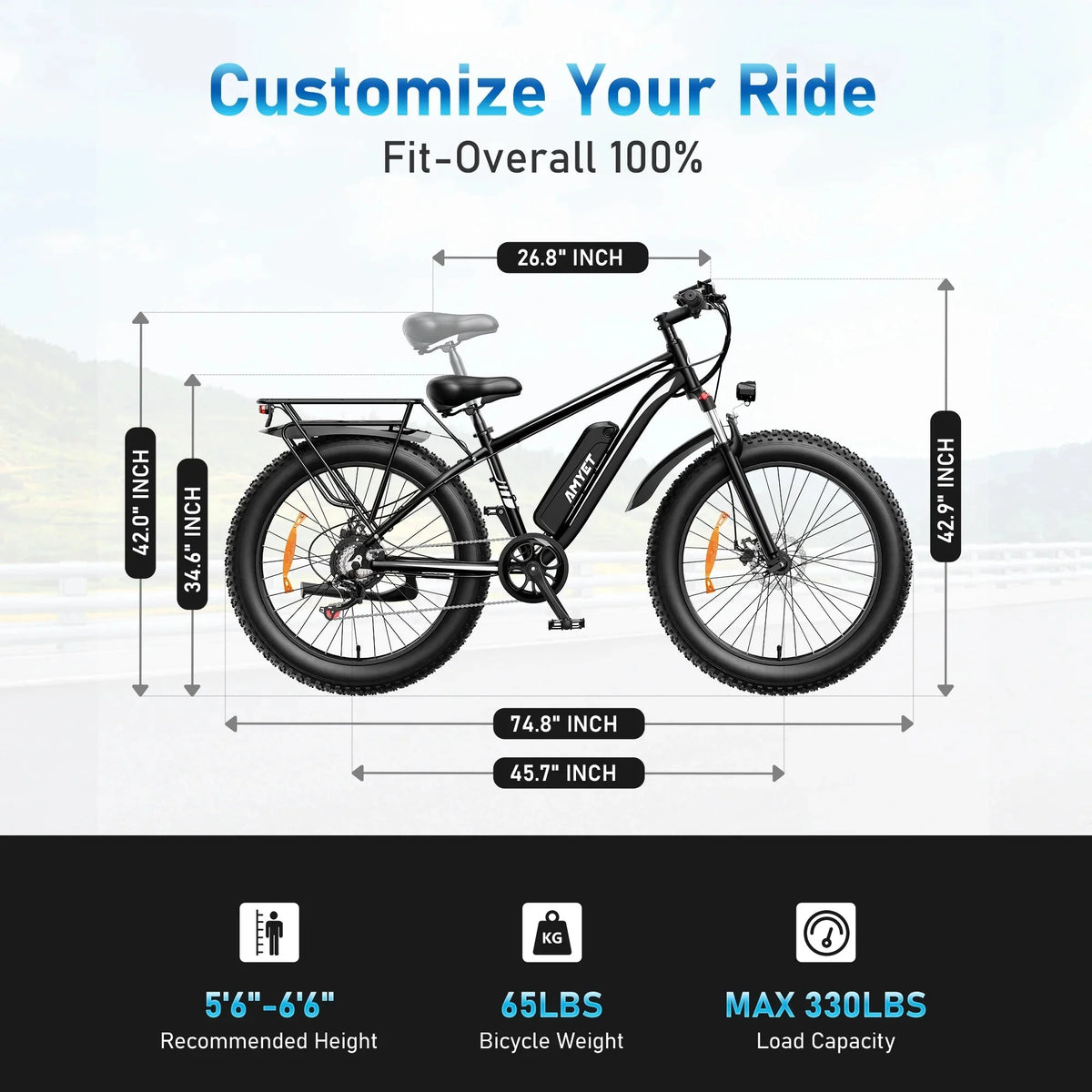 AMYET 26 x 4 Fat Tire Electric Mountain Bike, 48V 15Ah, 7-Speed - EB26