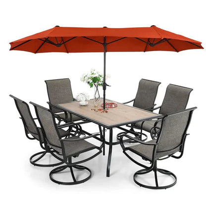 Patio Dining Set With Umbrella And 6 Sling Dining Swivel Chairs, 8-Piece - 60 x 37.4 x 28 Inches