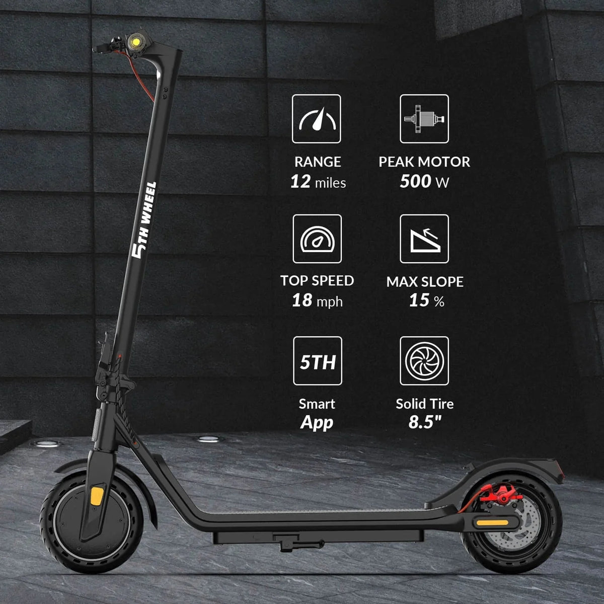 5TH WHEEL Electric Scooter With Turn Signals, 300W, 8.5 in Solid Tires, 18 mph, 12 Miles, Black - W16S