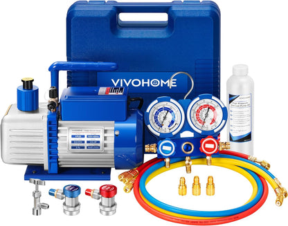 Single-Stage Rotary Vane Air Vacuum Pump With R134a AC Manifold Gauge Kit - 110V, 1/3 HP, 4 CFM