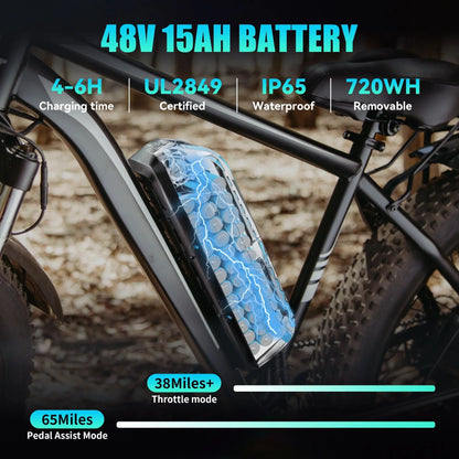 AMYET 26 x 4 Fat Tire Electric Mountain Bike, 48V 15Ah, 7-Speed - EB26