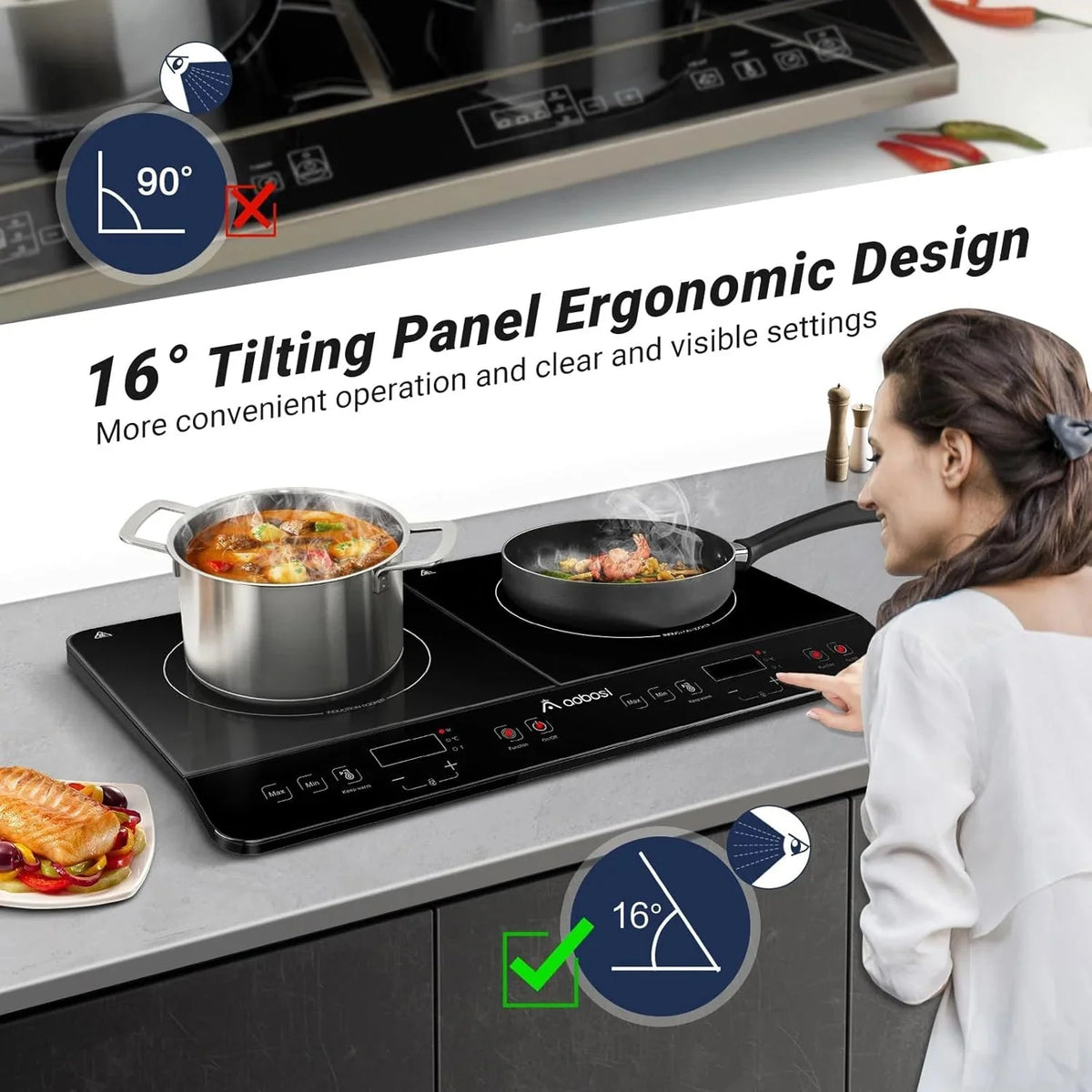 Aobosi Double Induction Cooktop With 2 Burners, 1800W, Black