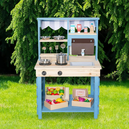 Brinjoy Kids Mud Kitchen Playset, Double-Sided Wooden, Blue, 22.5 x 21.5 x 33.5 in