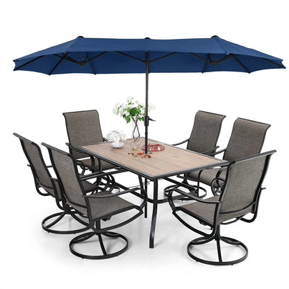 Patio Dining Set With Umbrella And 6 Sling Dining Swivel Chairs, 8-Piece - 60 x 37.4 x 28 Inches